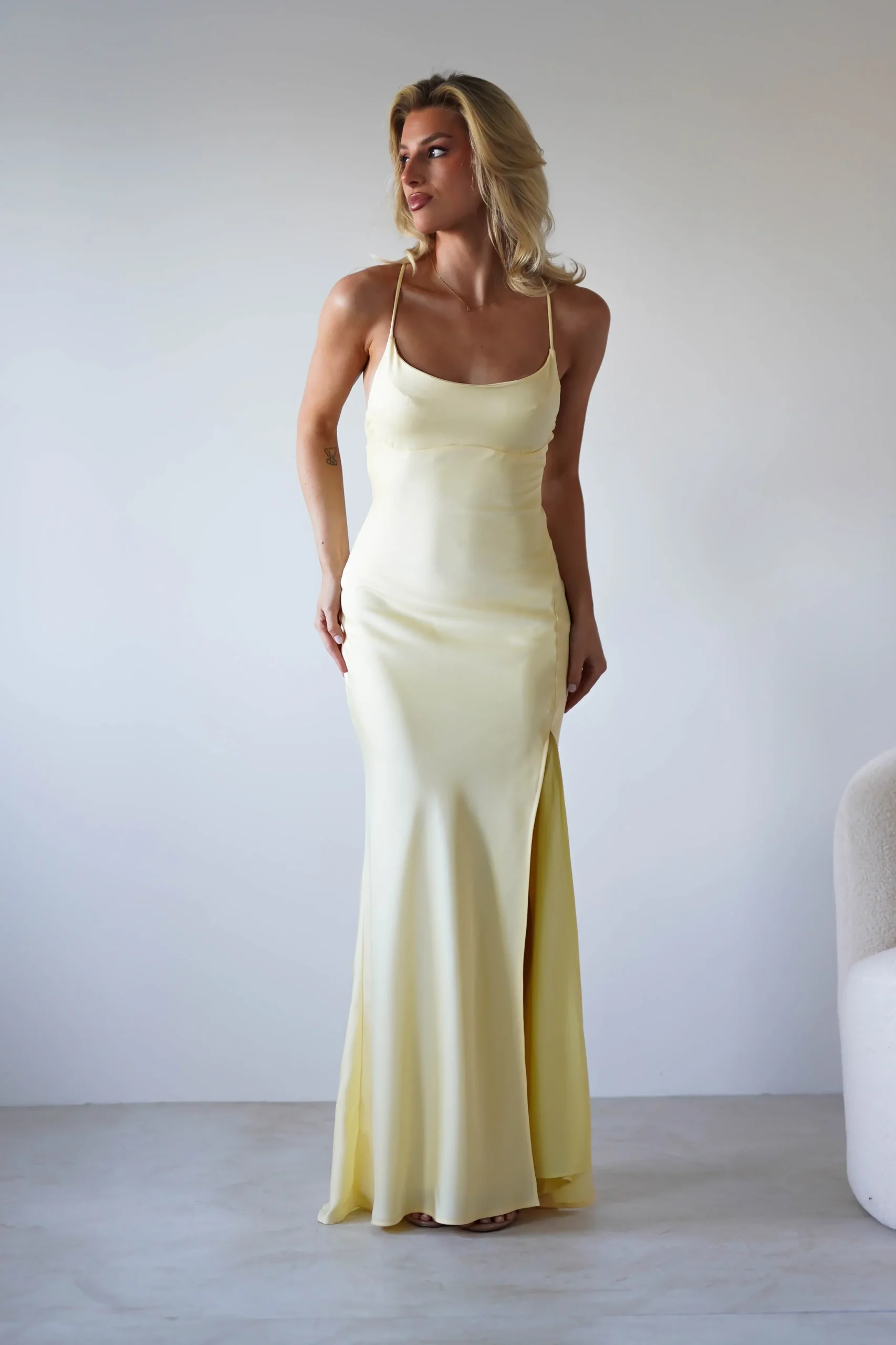 Hot Elsa Matte Satin Maxi Gown | Yellow Lange Kleider|Maxikleider