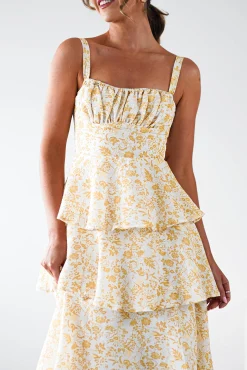 Best Emily Floral Ruffle Maxi Dress | Yellow Print Lange Kleider|Maxikleider
