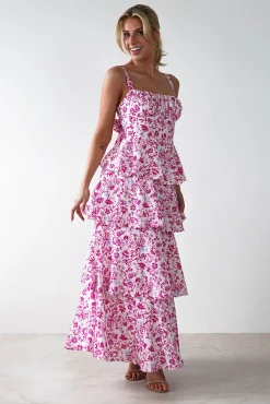 Hot Emily Floral Ruffle Maxi Dress | Pink Print Lange Kleider|Maxikleider