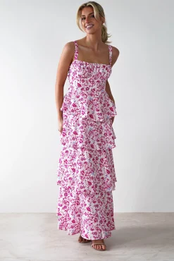 Hot Emily Floral Ruffle Maxi Dress | Pink Print Lange Kleider|Maxikleider