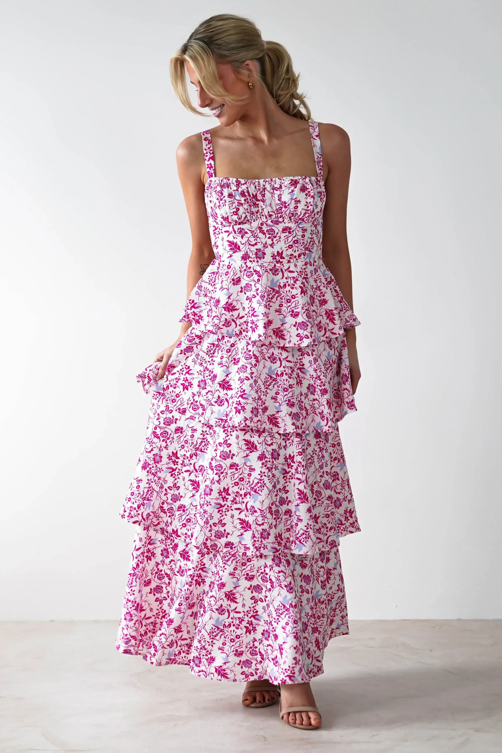 Hot Emily Floral Ruffle Maxi Dress | Pink Print Lange Kleider|Maxikleider