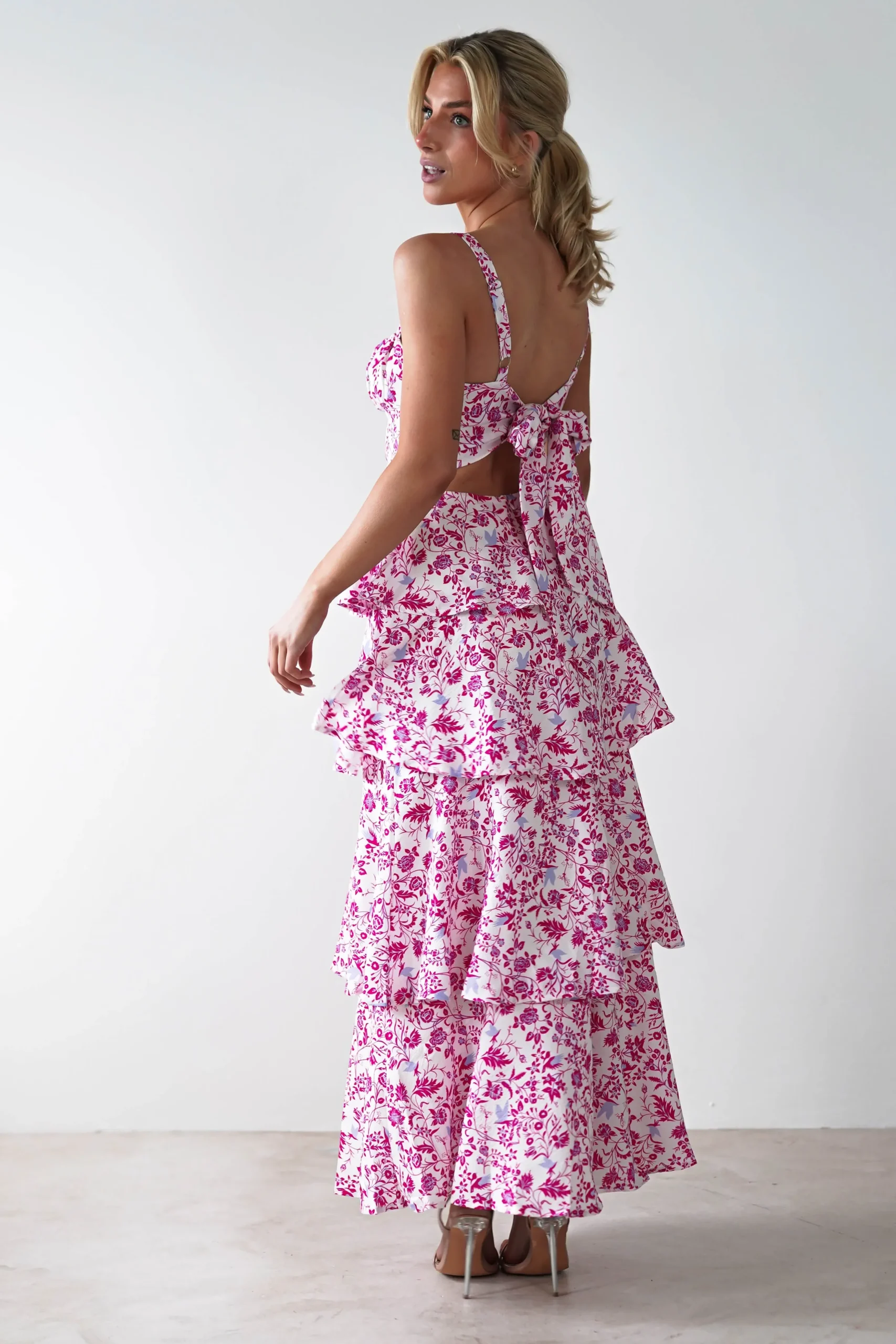 Hot Emily Floral Ruffle Maxi Dress | Pink Print Lange Kleider|Maxikleider