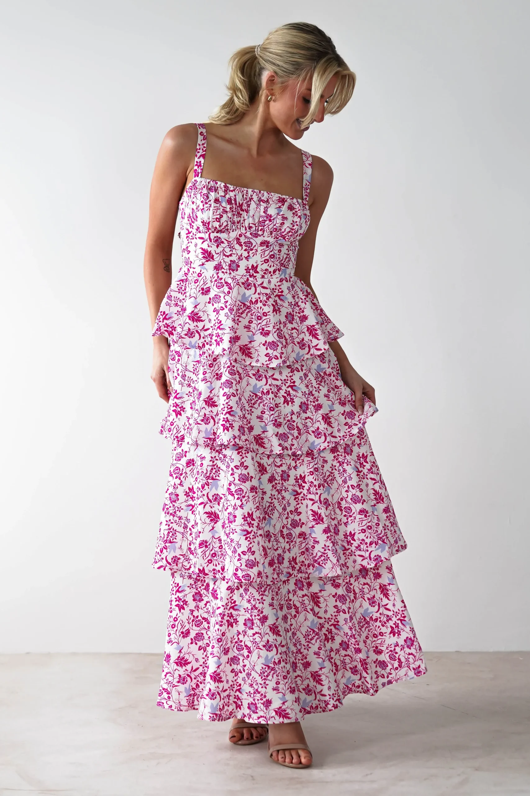 Hot Emily Floral Ruffle Maxi Dress | Pink Print Lange Kleider|Maxikleider