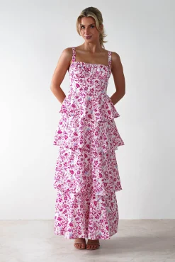 Hot Emily Floral Ruffle Maxi Dress | Pink Print Lange Kleider|Maxikleider