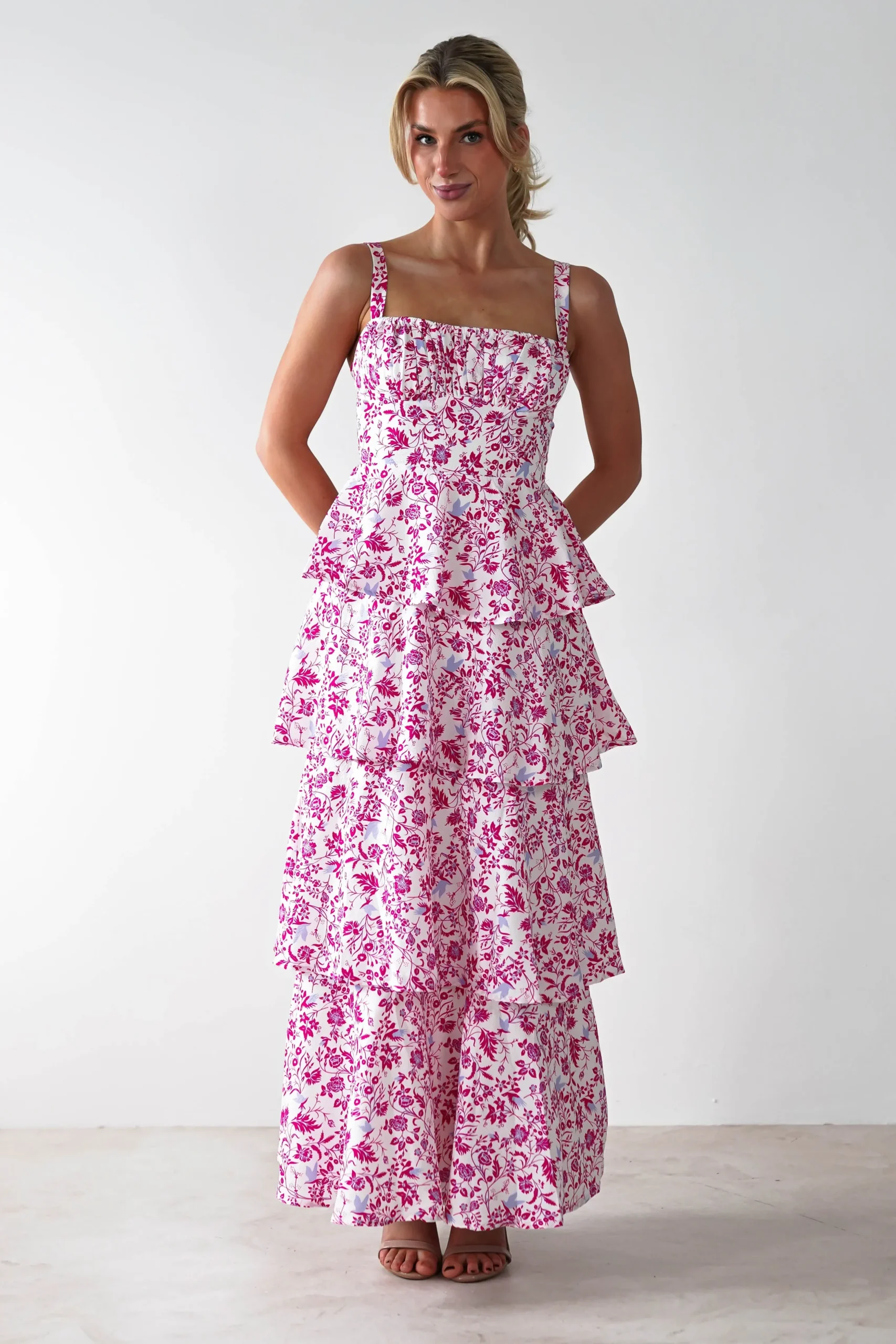 Hot Emily Floral Ruffle Maxi Dress | Pink Print Lange Kleider|Maxikleider