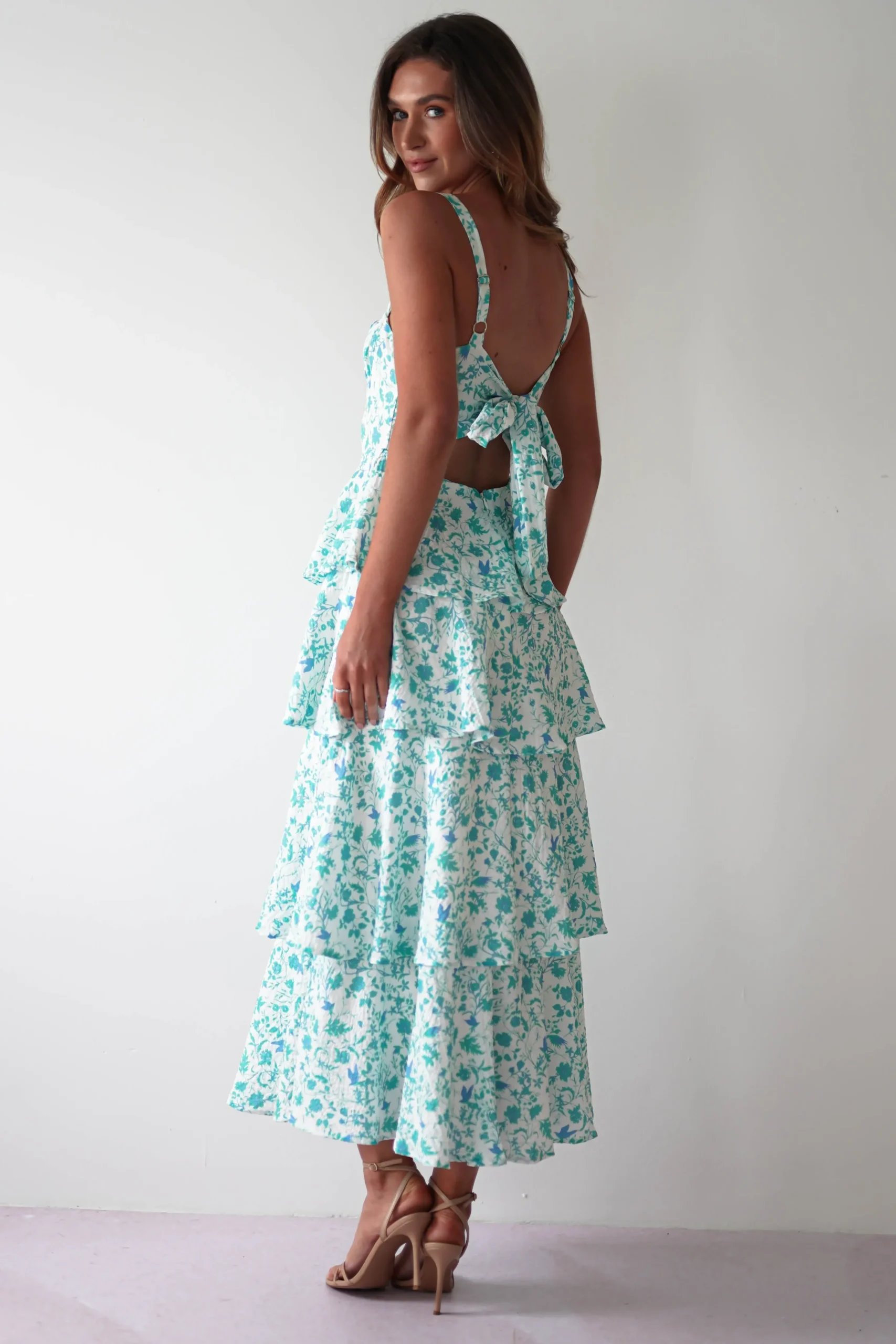 Online Emily Floral Ruffle Maxi Dress | Green/White Lange Kleider|Maxikleider
