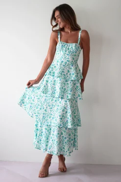 Online Emily Floral Ruffle Maxi Dress | Green/White Lange Kleider|Maxikleider