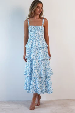 Outlet Emily Floral Ruffle Maxi Dress | Blue/White Lange Kleider|Maxikleider