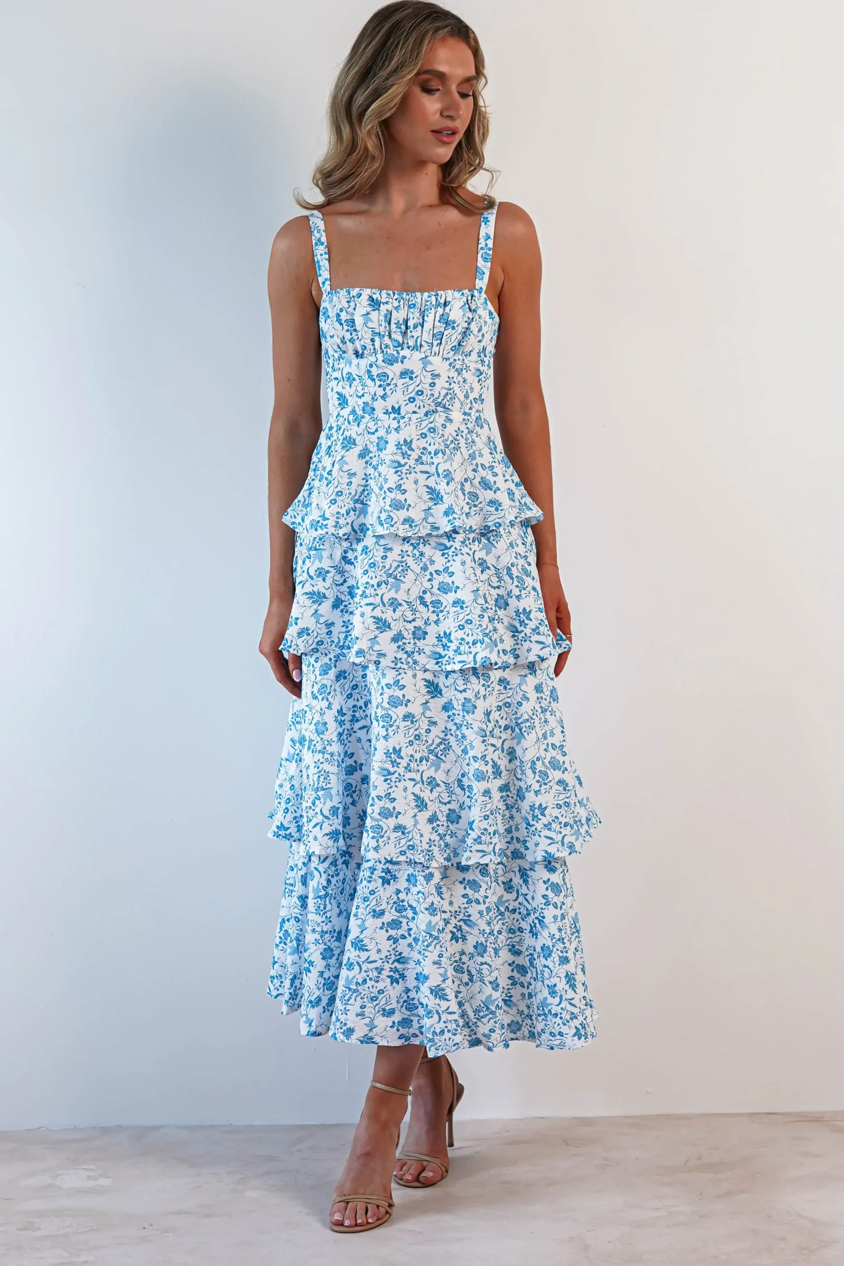 Outlet Emily Floral Ruffle Maxi Dress | Blue/White Lange Kleider|Maxikleider