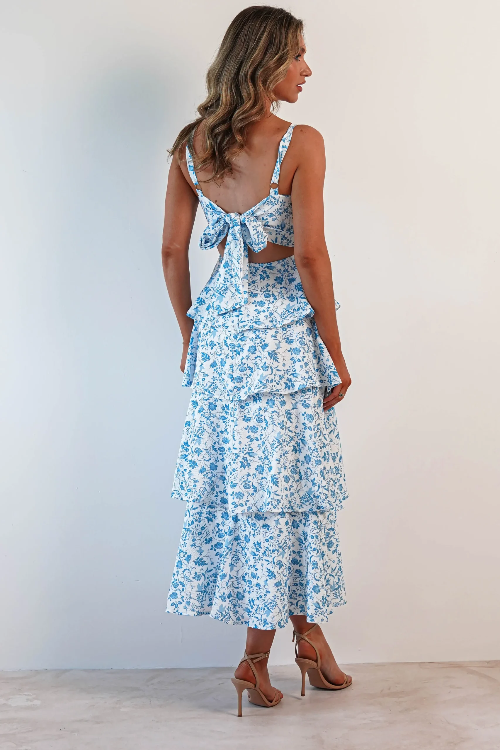 Outlet Emily Floral Ruffle Maxi Dress | Blue/White Lange Kleider|Maxikleider