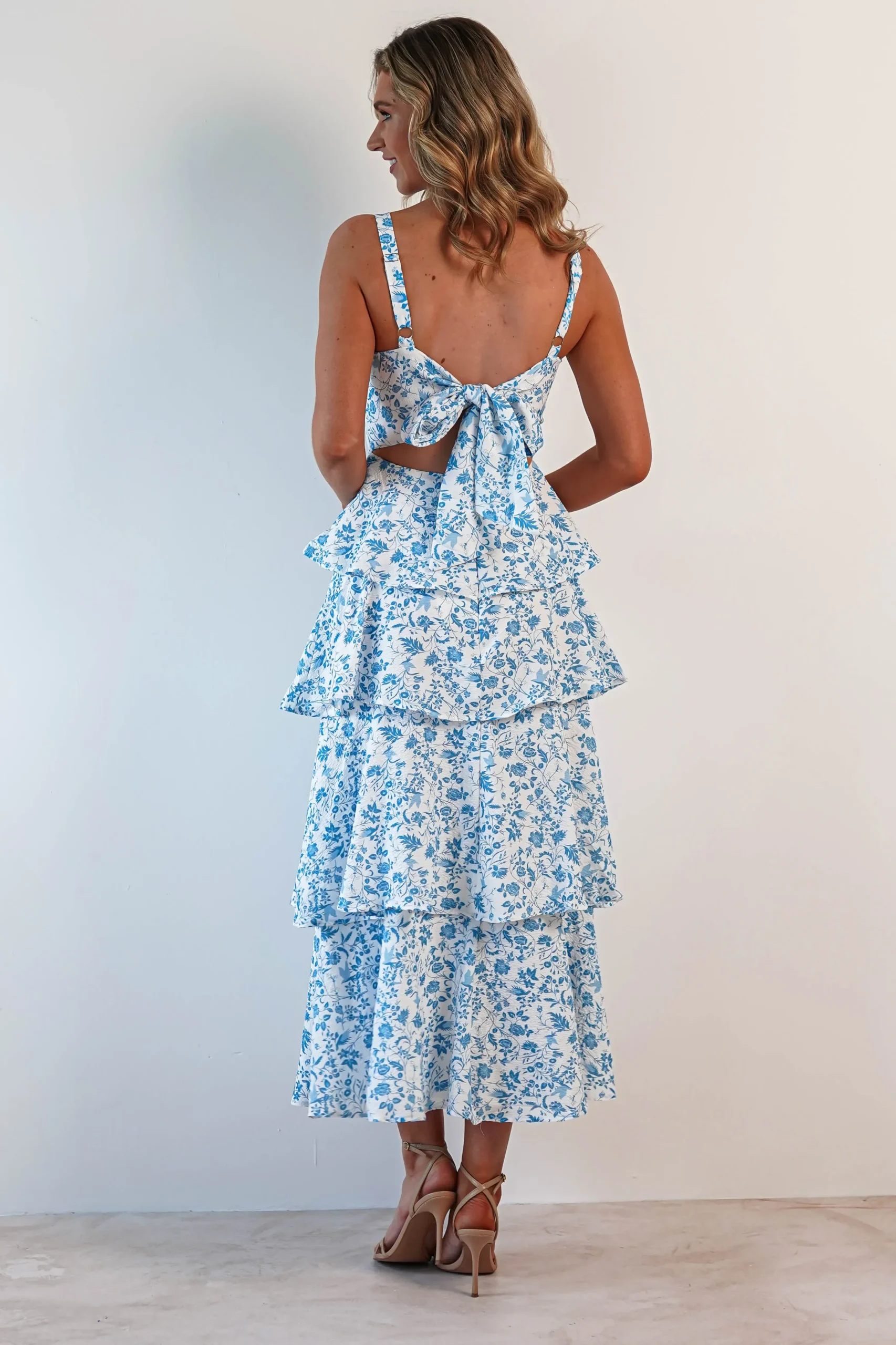 Outlet Emily Floral Ruffle Maxi Dress | Blue/White Lange Kleider|Maxikleider