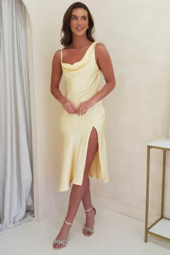 Online Esther Soft Satin Midi Dress | Yellow Mittellange Kleider|Midi-kleider