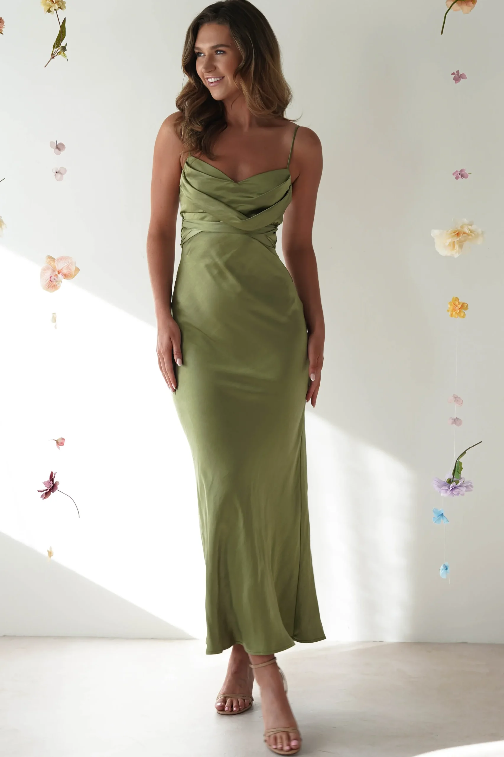 Outlet Everleigh Soft Satin Midi Dress | Olive Mittellange Kleider|Midi-kleider
