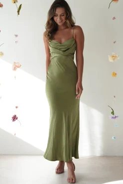 Outlet Everleigh Soft Satin Midi Dress | Olive Mittellange Kleider|Midi-kleider
