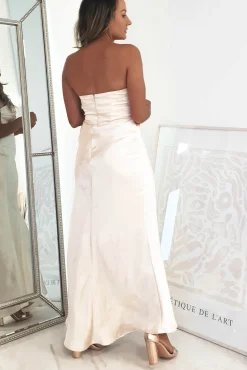 Hot Everly Strapless Satin Midi Dress | Champange Mittellange Kleider|Midi-kleider