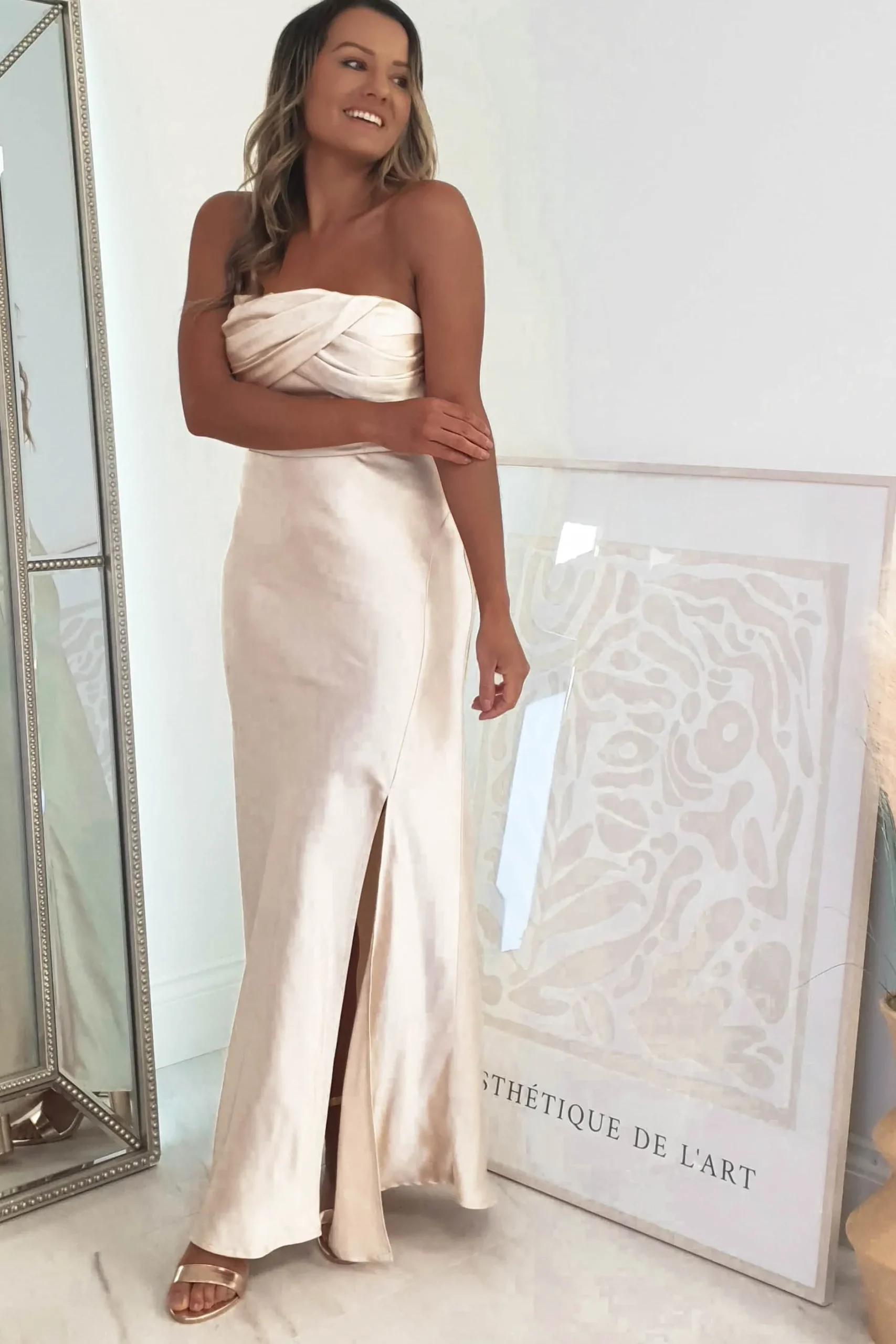Hot Everly Strapless Satin Midi Dress | Champange Mittellange Kleider|Midi-kleider
