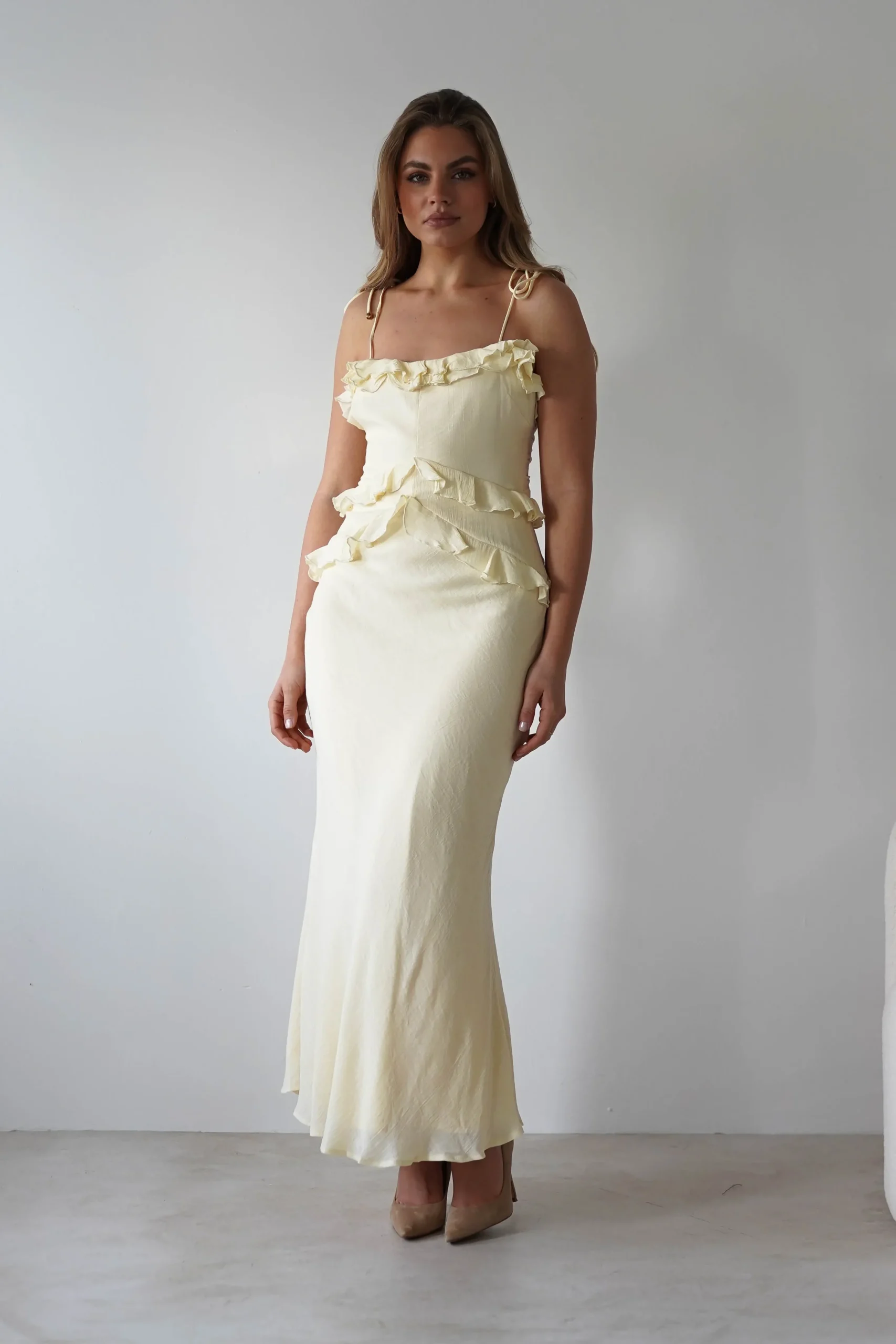 Fashion Faith Ruffle Cotton Maxi Dress | Yellow Mittellange Kleider|Midi-kleider
