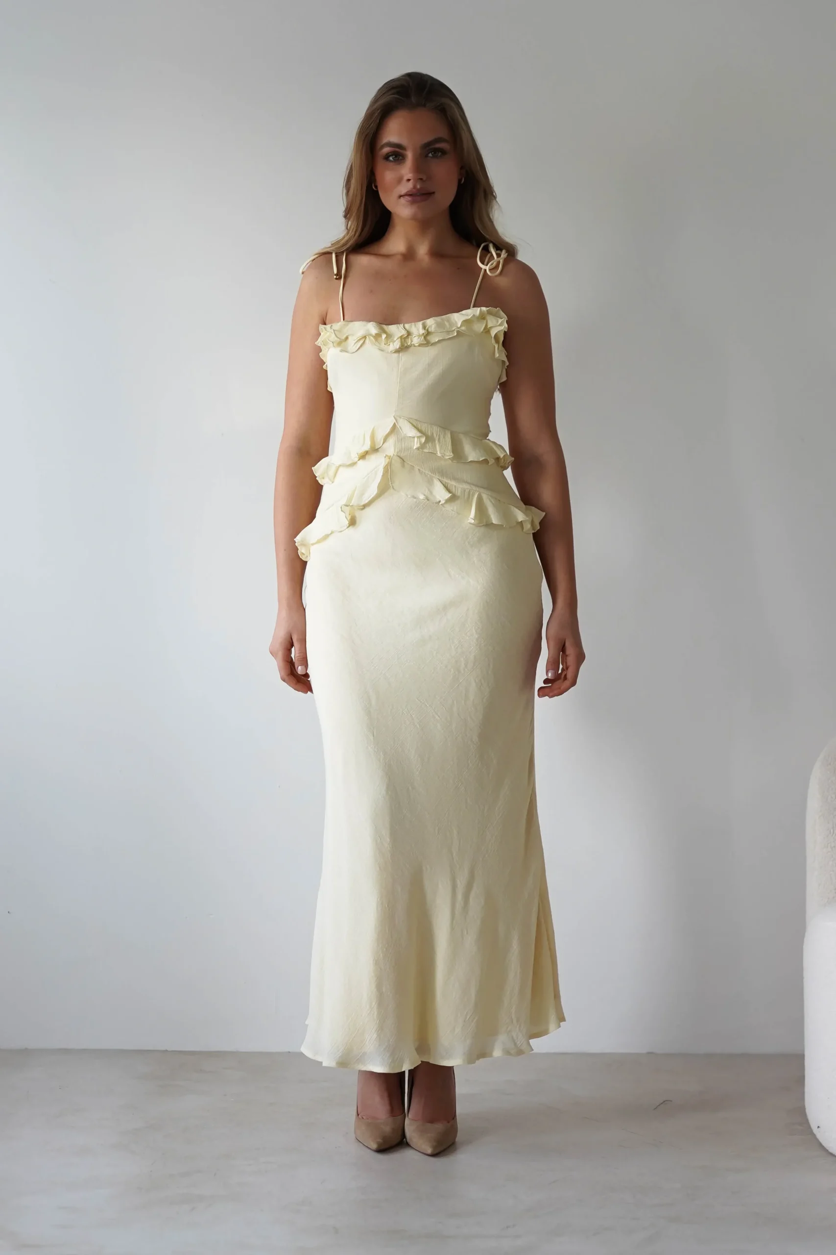 Fashion Faith Ruffle Cotton Maxi Dress | Yellow Mittellange Kleider|Midi-kleider