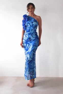 Clearance Genie Ruffle Printed Maxi Dress | Blue Mittellange Kleider|Midi-kleider