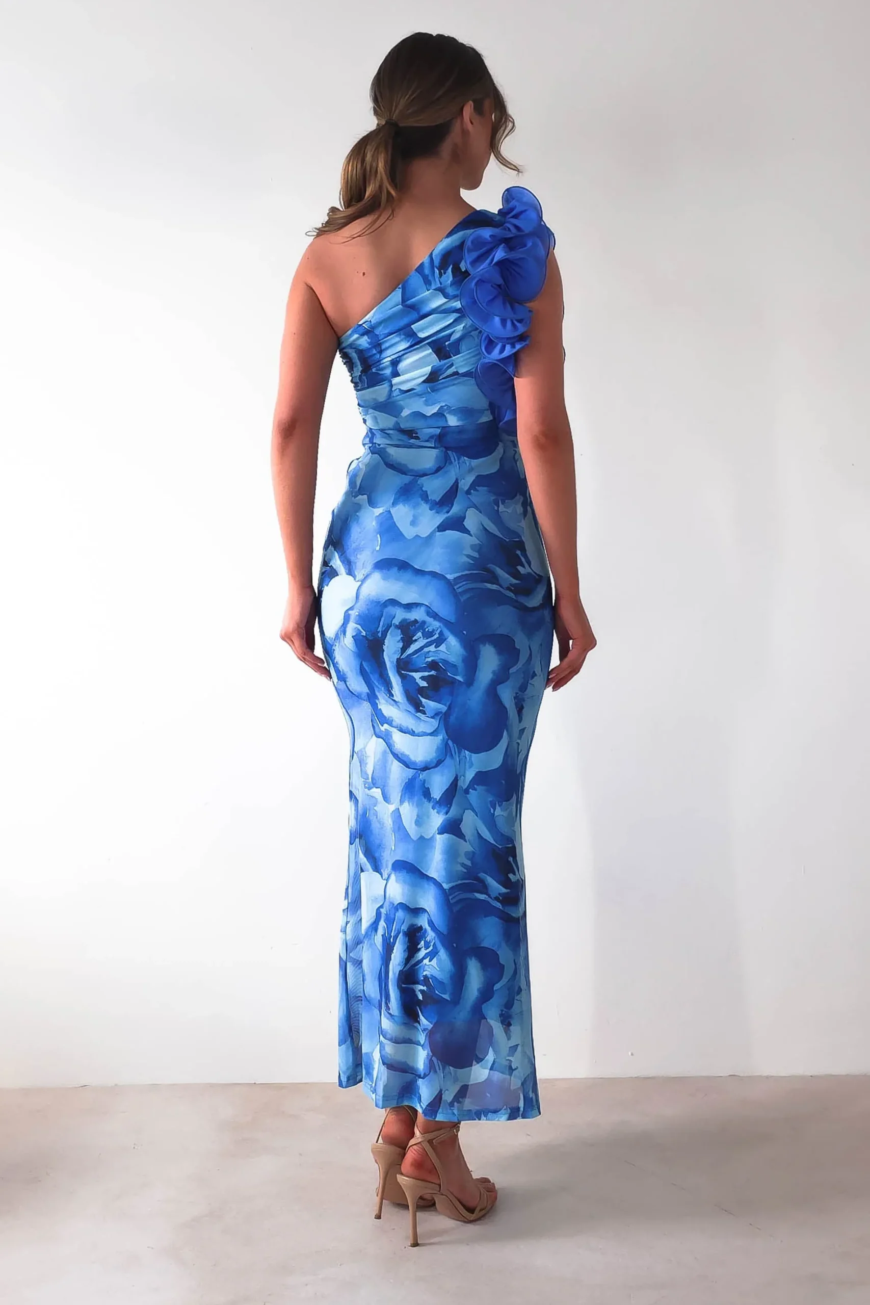 Clearance Genie Ruffle Printed Maxi Dress | Blue Mittellange Kleider|Midi-kleider