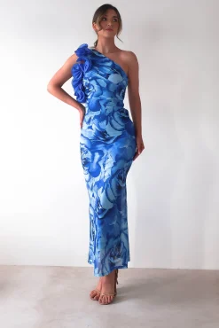 Clearance Genie Ruffle Printed Maxi Dress | Blue Mittellange Kleider|Midi-kleider
