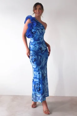 Clearance Genie Ruffle Printed Maxi Dress | Blue Mittellange Kleider|Midi-kleider