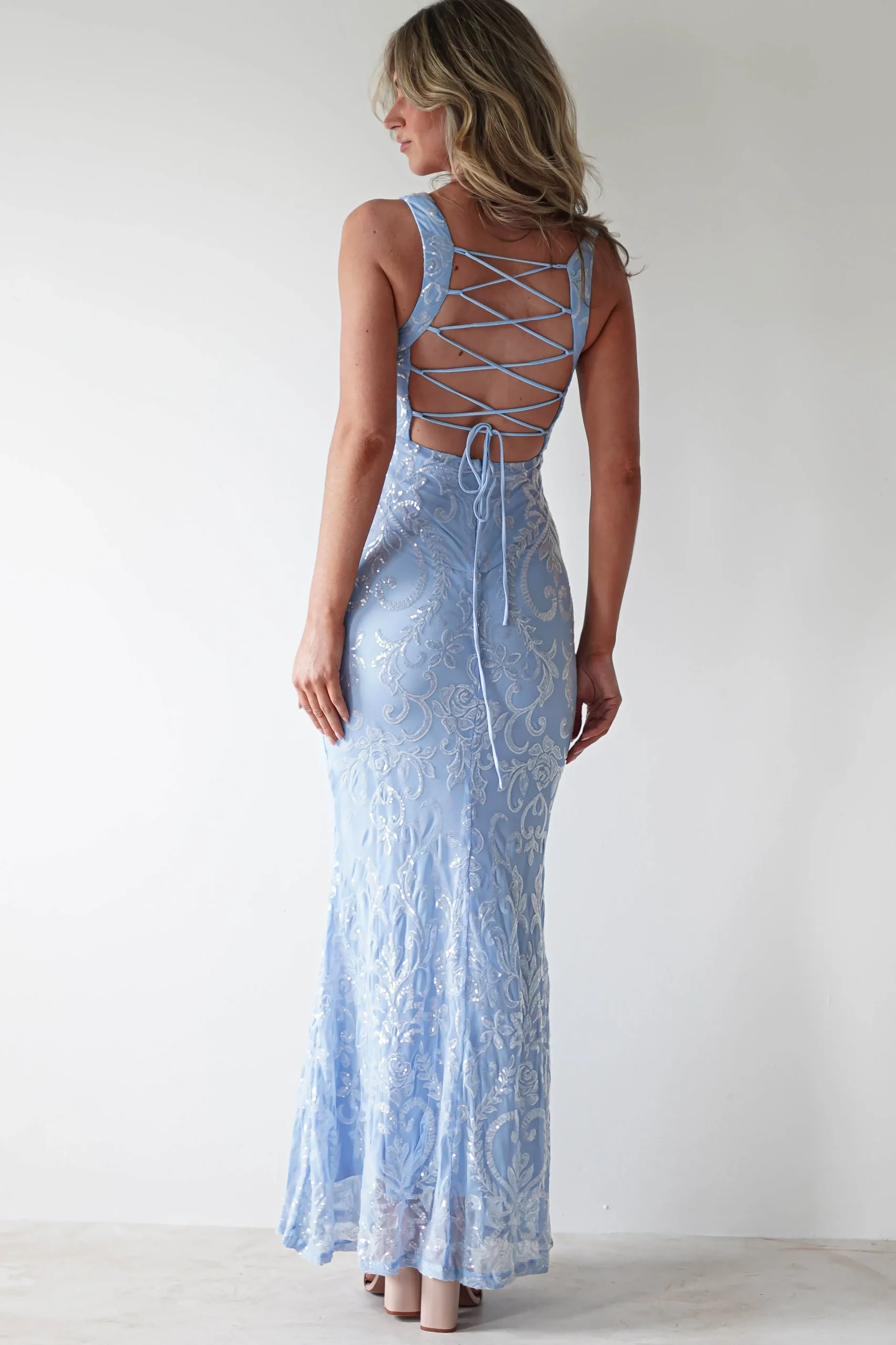 Fashion Halo Square Neck Sequin Maxi Gown | Blue Lange Kleider|Maxikleider