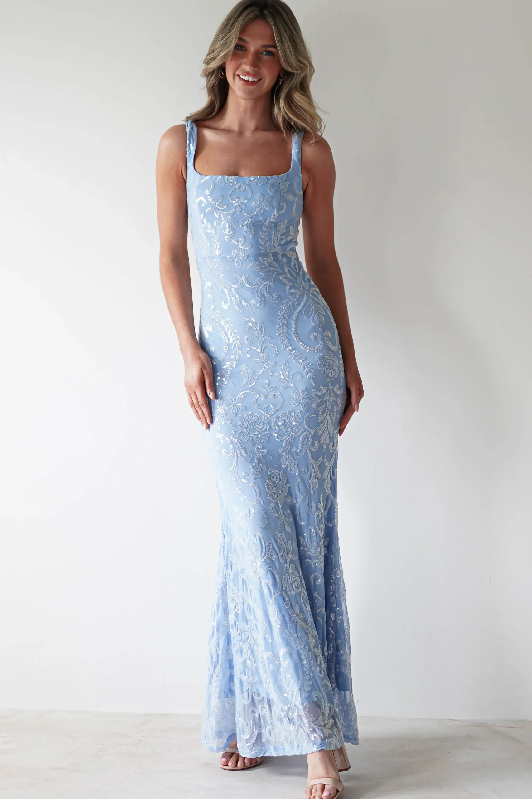 Fashion Halo Square Neck Sequin Maxi Gown | Blue Lange Kleider|Maxikleider