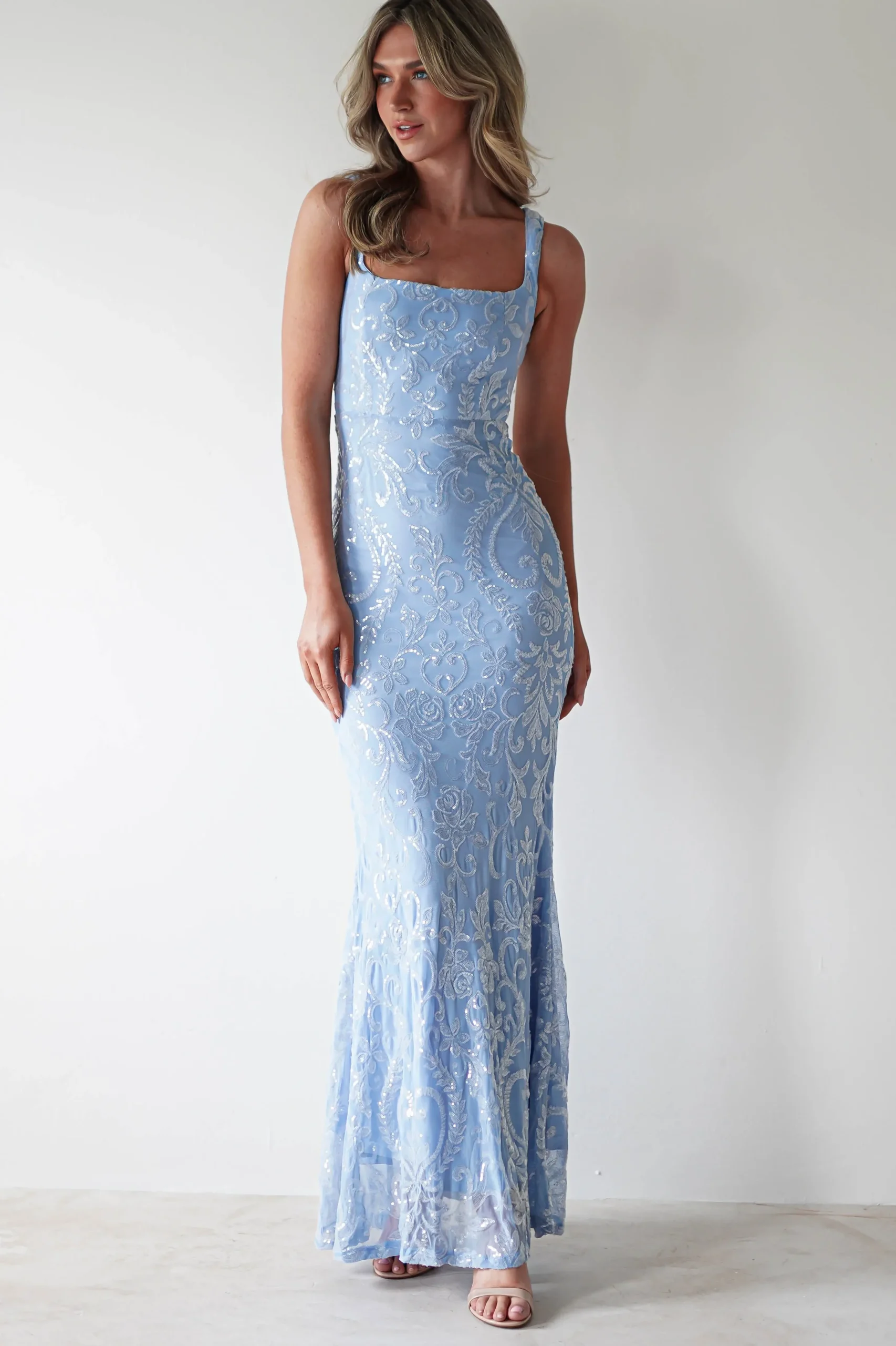 Fashion Halo Square Neck Sequin Maxi Gown | Blue Lange Kleider|Maxikleider