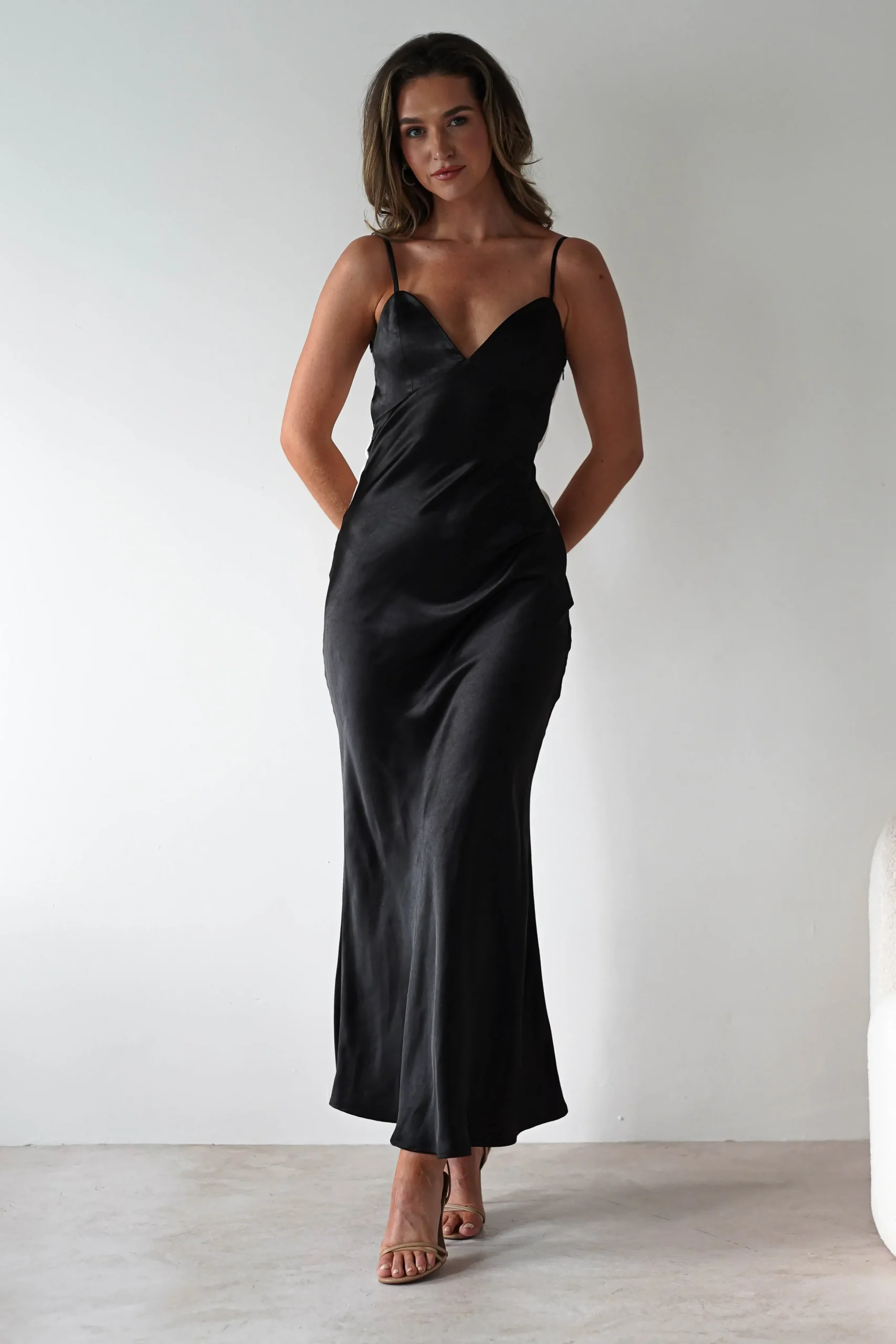 Clearance Hermie Silky Satin Maxi Dress | Black/White Lange Kleider|Maxikleider