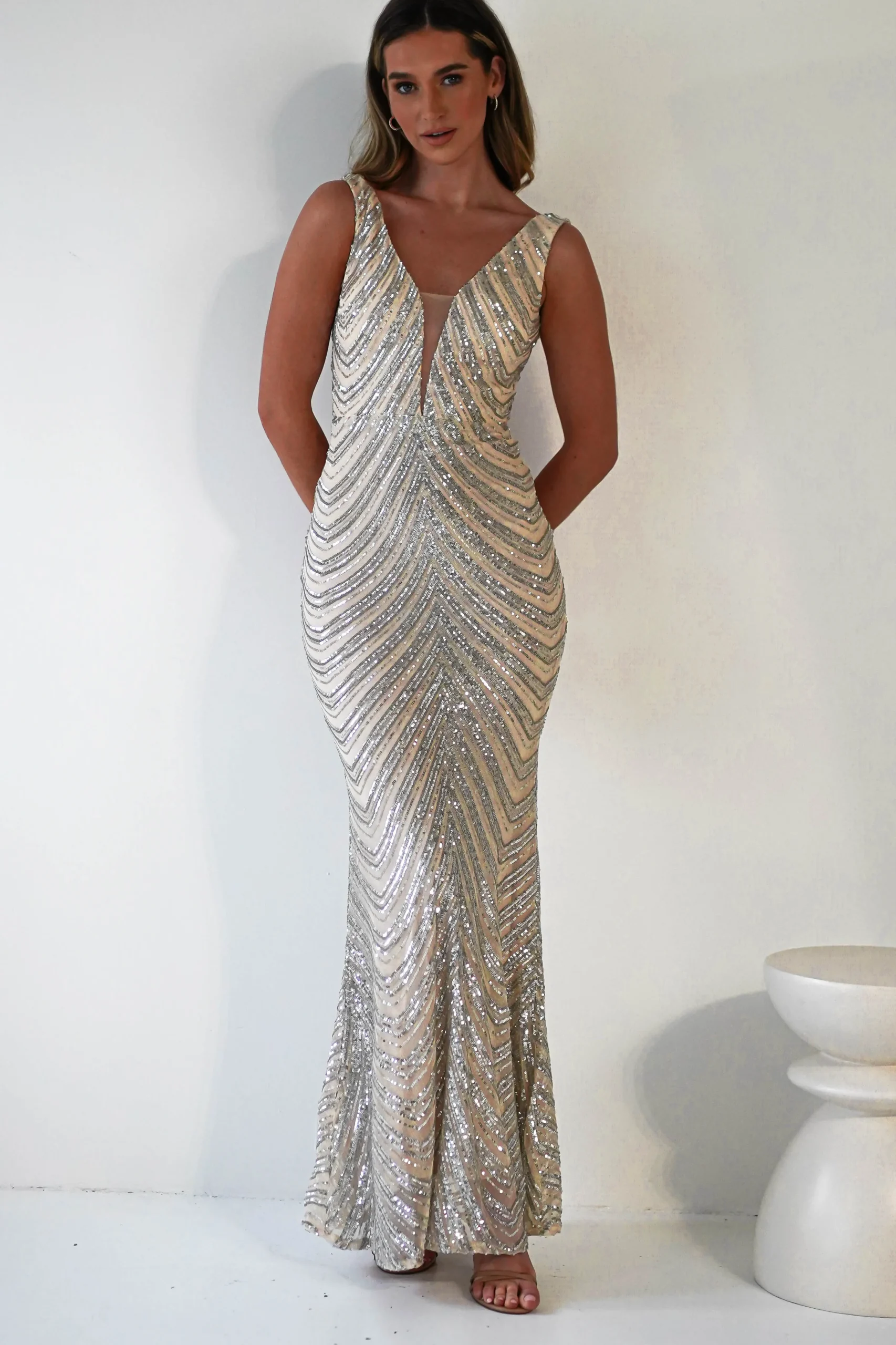 Clearance Julietta Sequin Bodycon Maxi Dress | Silver/Nude Lange Kleider|Maxikleider