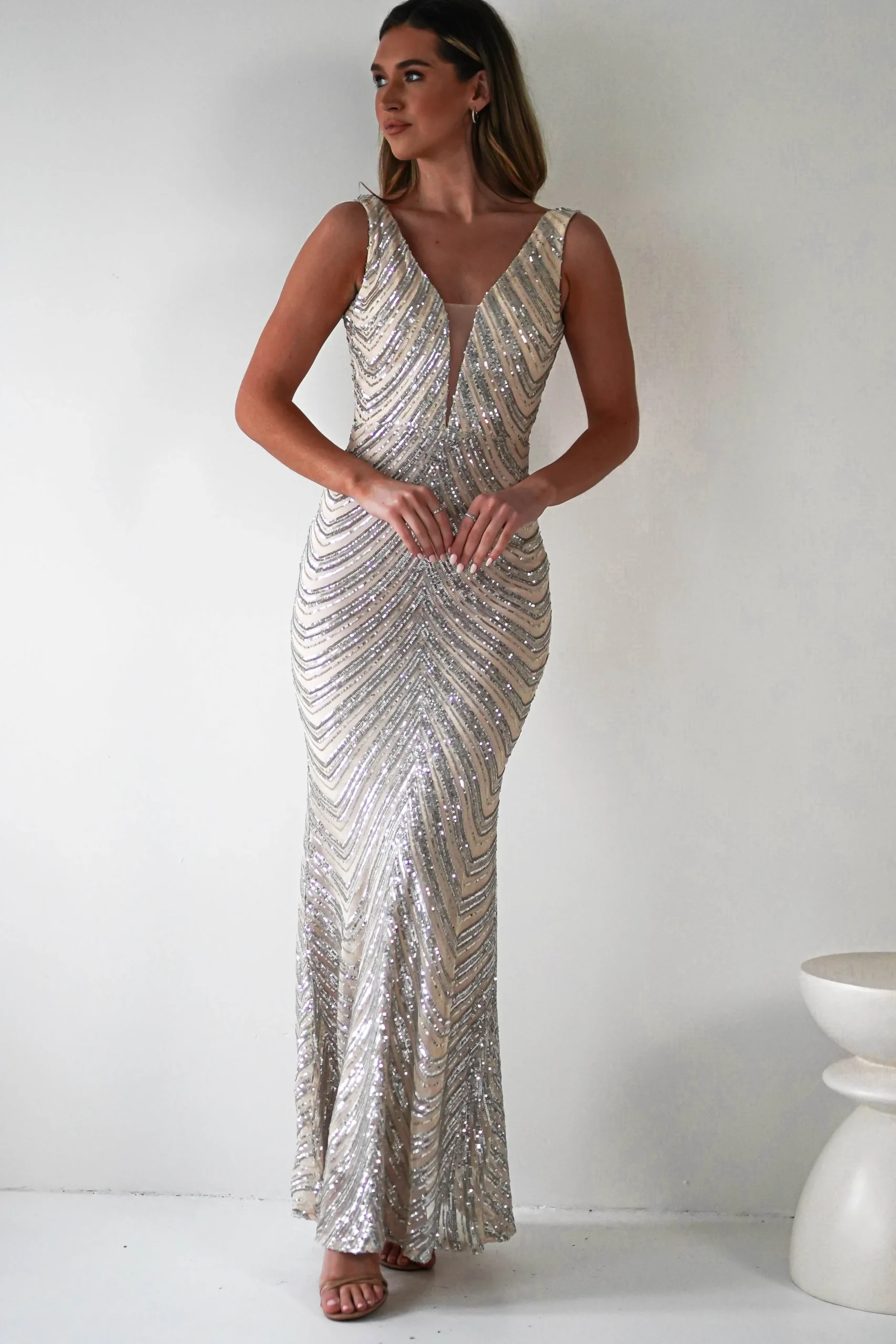 Clearance Julietta Sequin Bodycon Maxi Dress | Silver/Nude Lange Kleider|Maxikleider