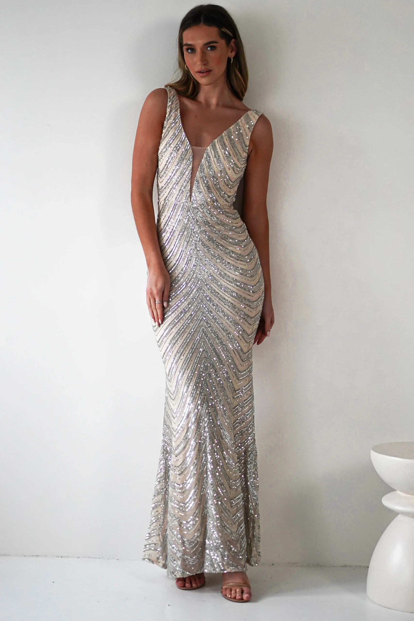Clearance Julietta Sequin Bodycon Maxi Dress | Silver/Nude Lange Kleider|Maxikleider