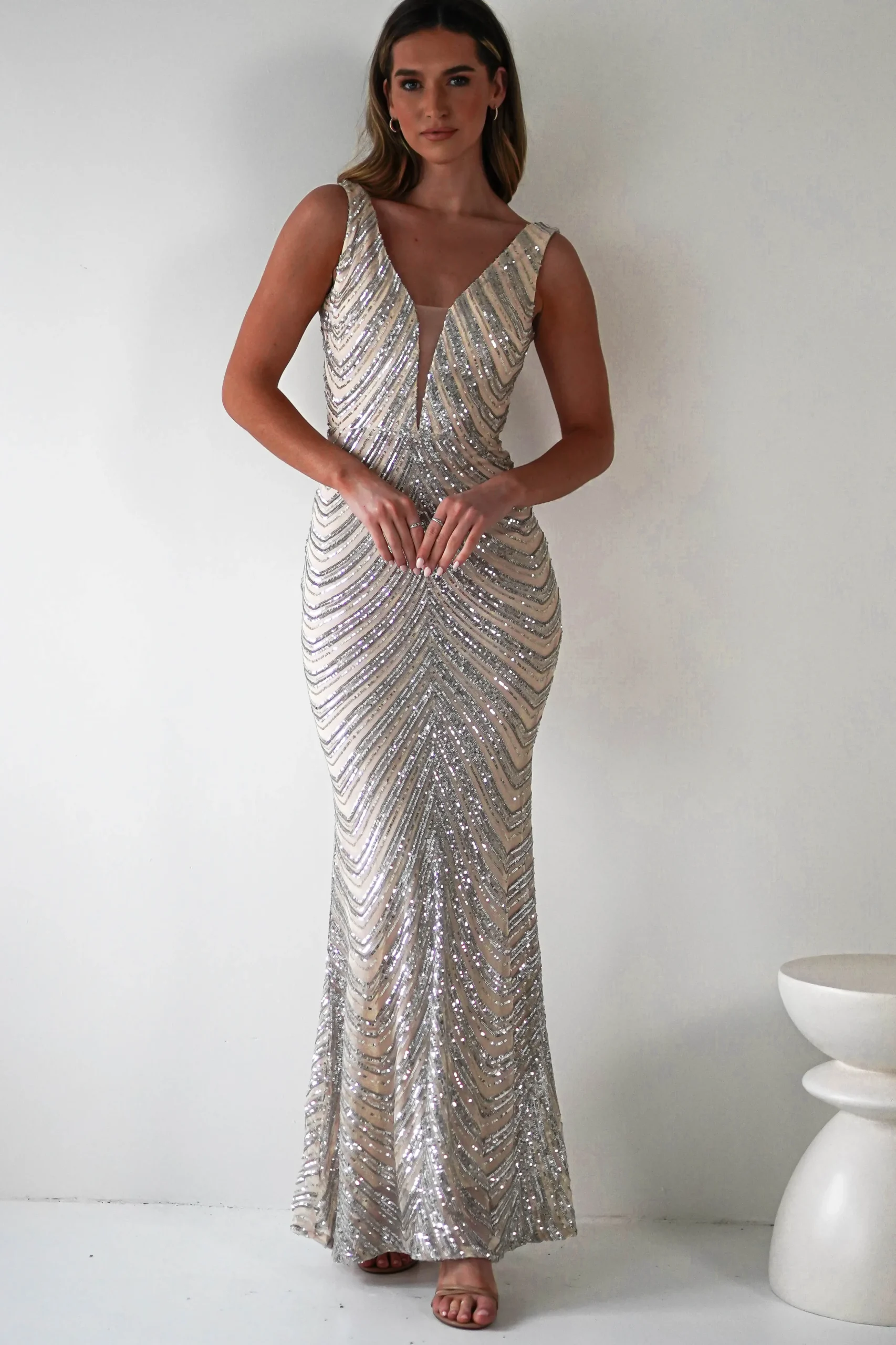 Clearance Julietta Sequin Bodycon Maxi Dress | Silver/Nude Lange Kleider|Maxikleider