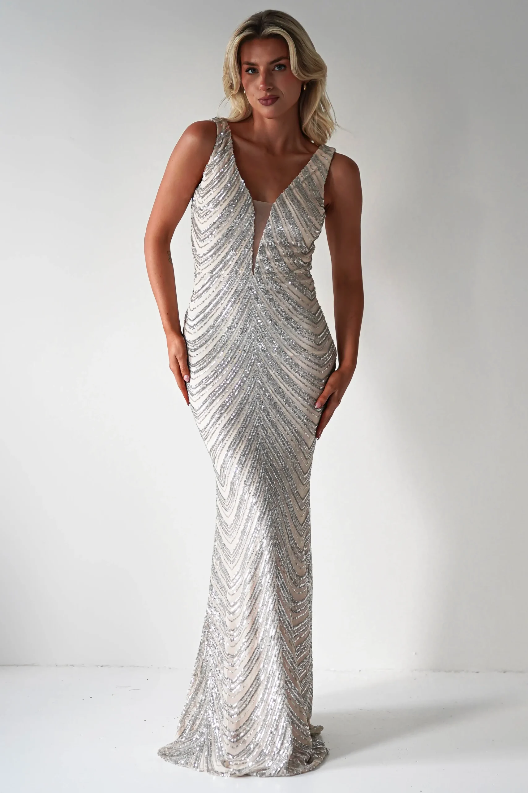 Clearance Julietta Sequin Bodycon Maxi Dress | Silver/Nude Lange Kleider|Maxikleider