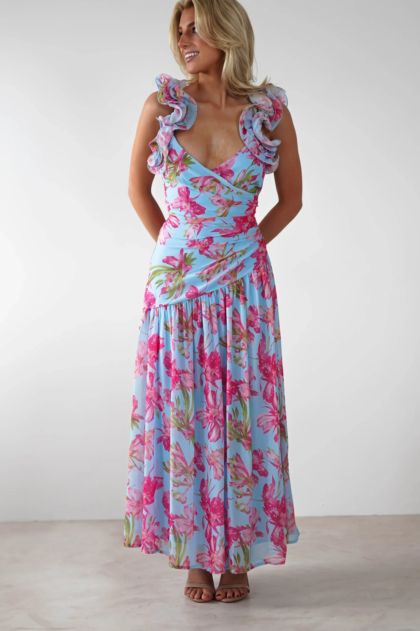 Discount Karmen Ruffle Floral Midaxi Dress | Blue/Pink Lange Kleider|Maxikleider