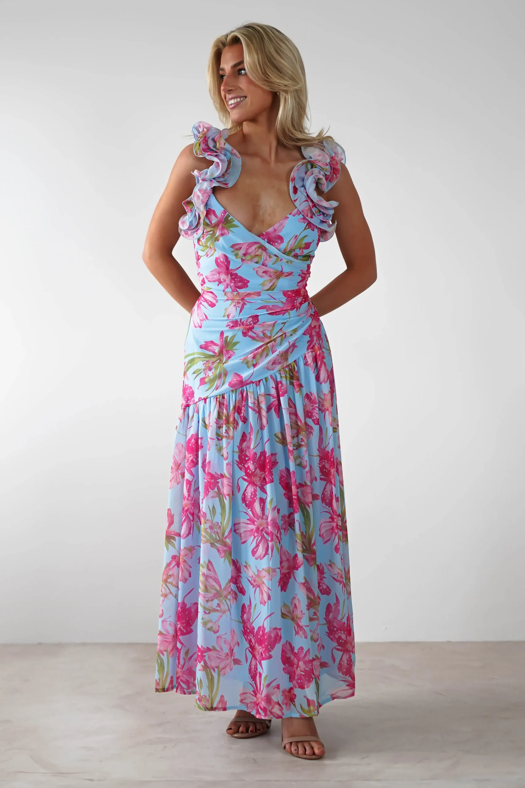 Discount Karmen Ruffle Floral Midaxi Dress | Blue/Pink Lange Kleider|Maxikleider