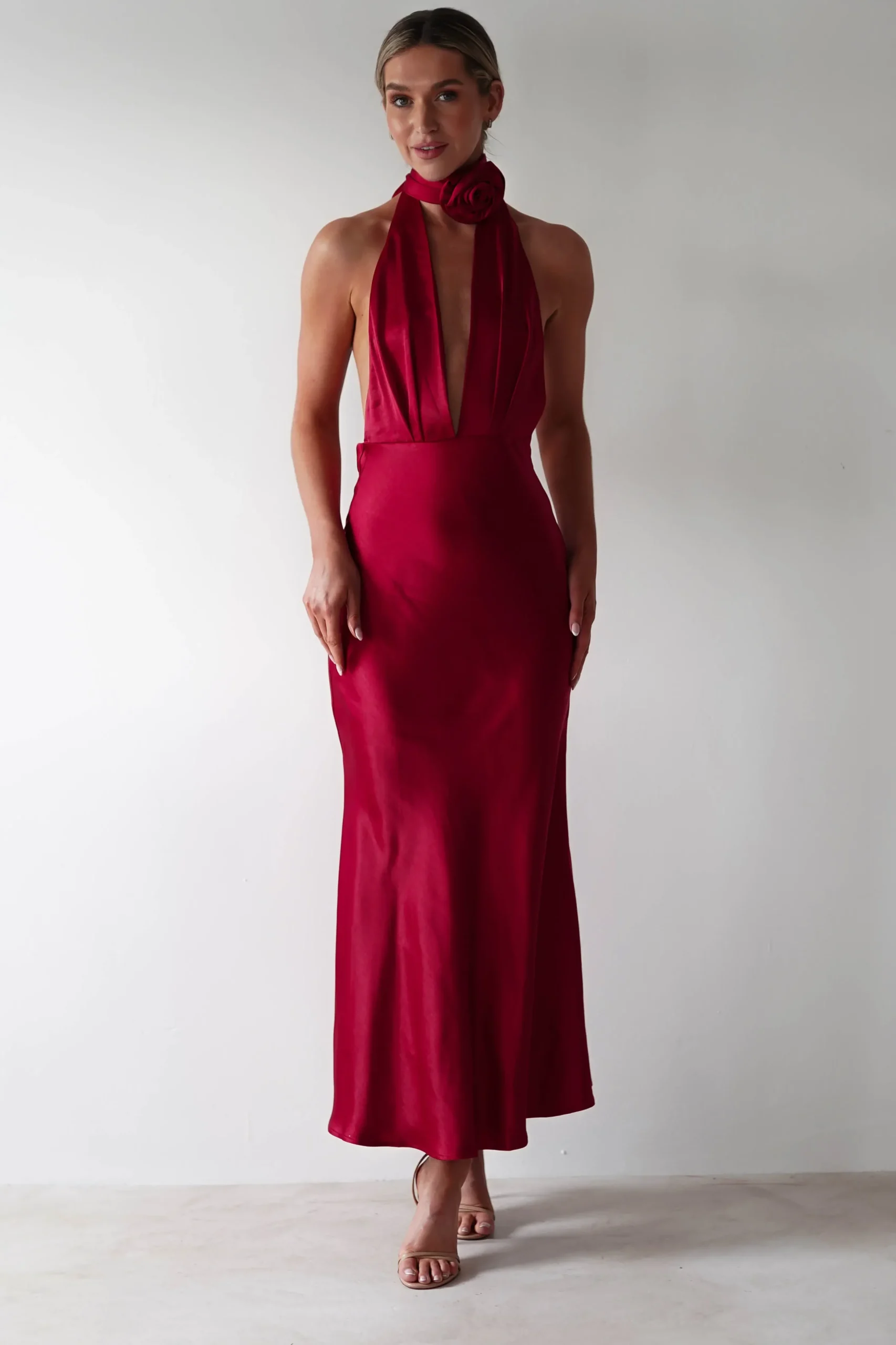 Hot Kaylah Soft Satin Maxi Dress | Cherry Red Lange Kleider|Maxikleider