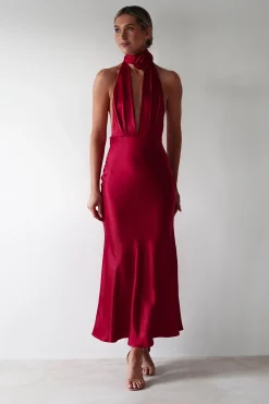 Hot Kaylah Soft Satin Maxi Dress | Cherry Red Lange Kleider|Maxikleider