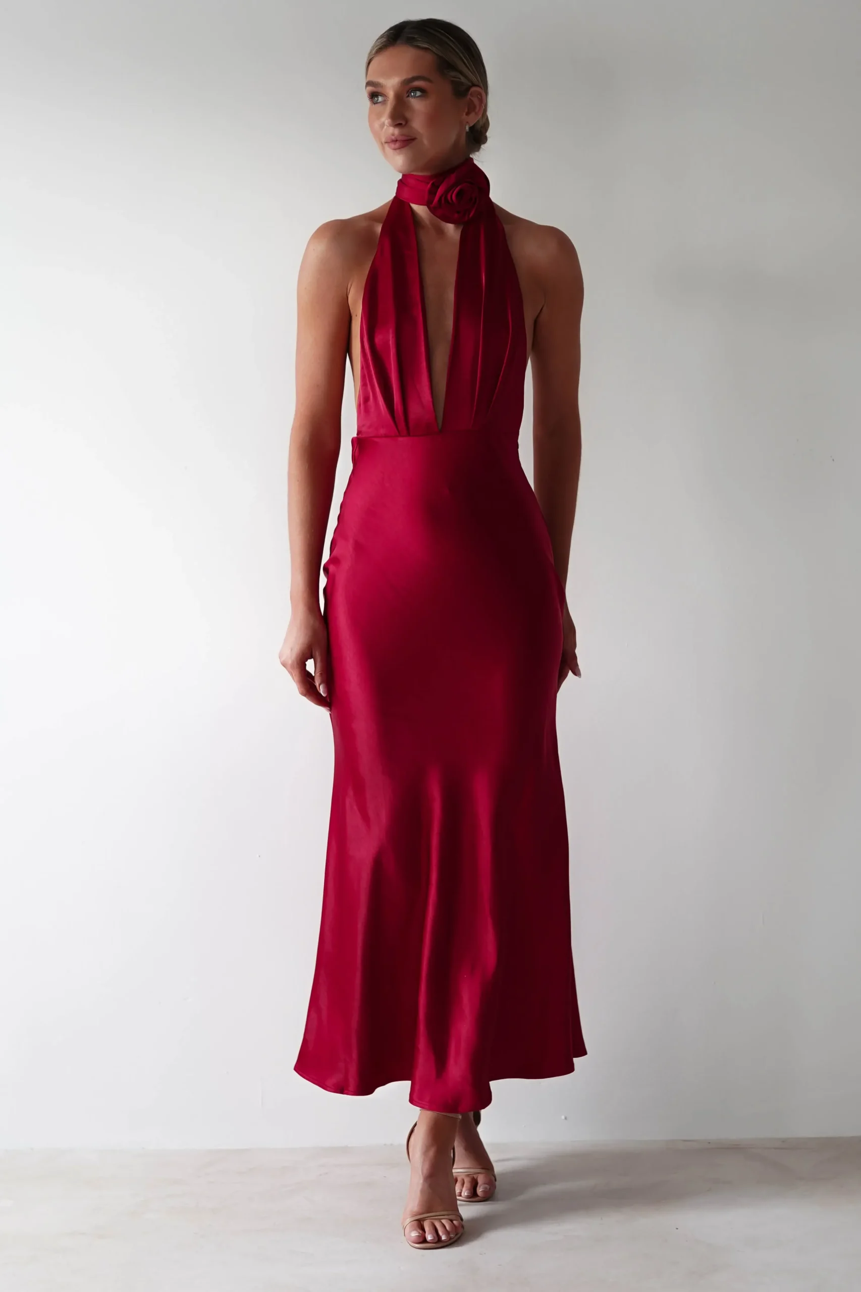 Hot Kaylah Soft Satin Maxi Dress | Cherry Red Lange Kleider|Maxikleider