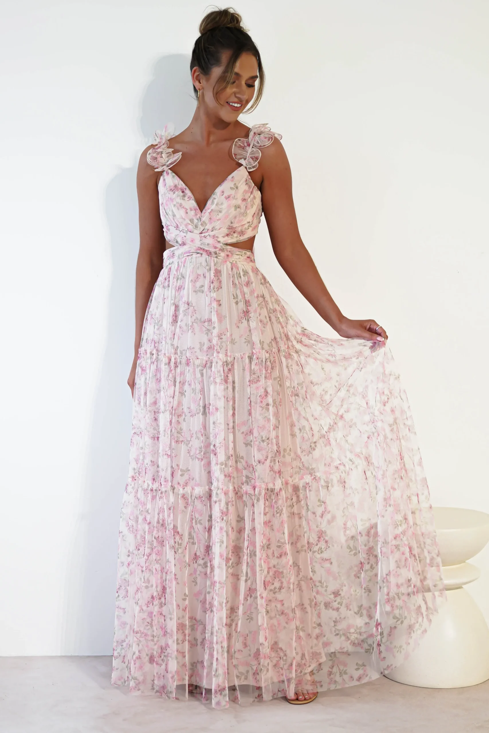 Clearance Khristina Floral Tulle Maxi Dress | Cream Lange Kleider|Maxikleider