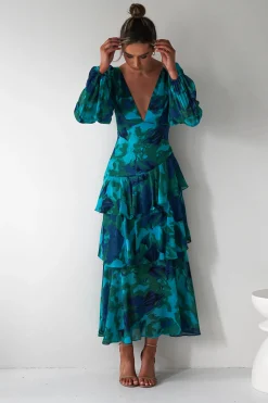Best Kiyah Long Sleeve Maxi Dress | Green Print Lange Kleider|Maxikleider