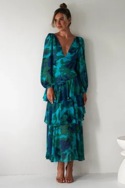 Best Kiyah Long Sleeve Maxi Dress | Green Print Lange Kleider|Maxikleider