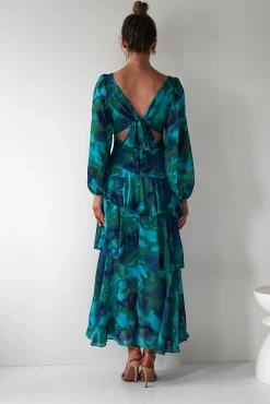 Best Kiyah Long Sleeve Maxi Dress | Green Print Lange Kleider|Maxikleider