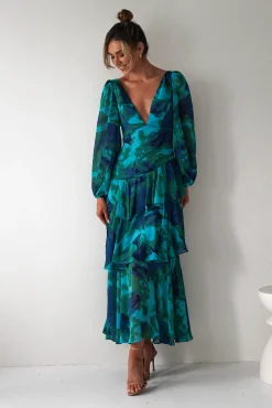 Best Kiyah Long Sleeve Maxi Dress | Green Print Lange Kleider|Maxikleider