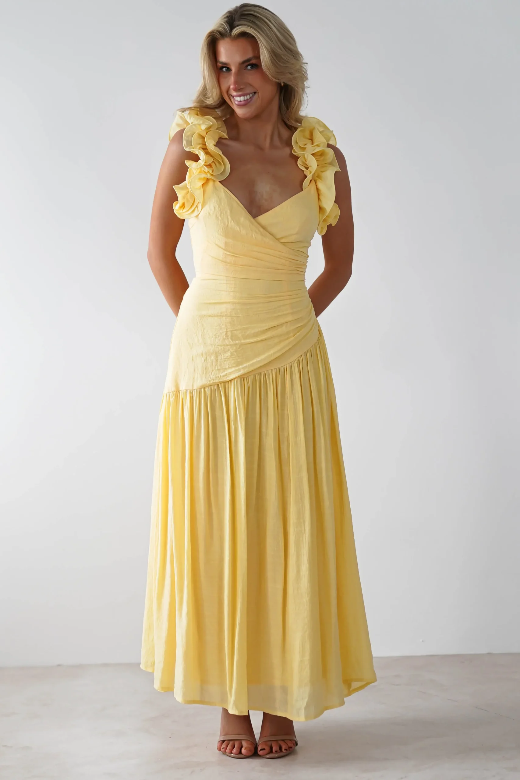 Hot Lara Ruffle Detail Midaxi | Yellow Lange Kleider|Maxikleider