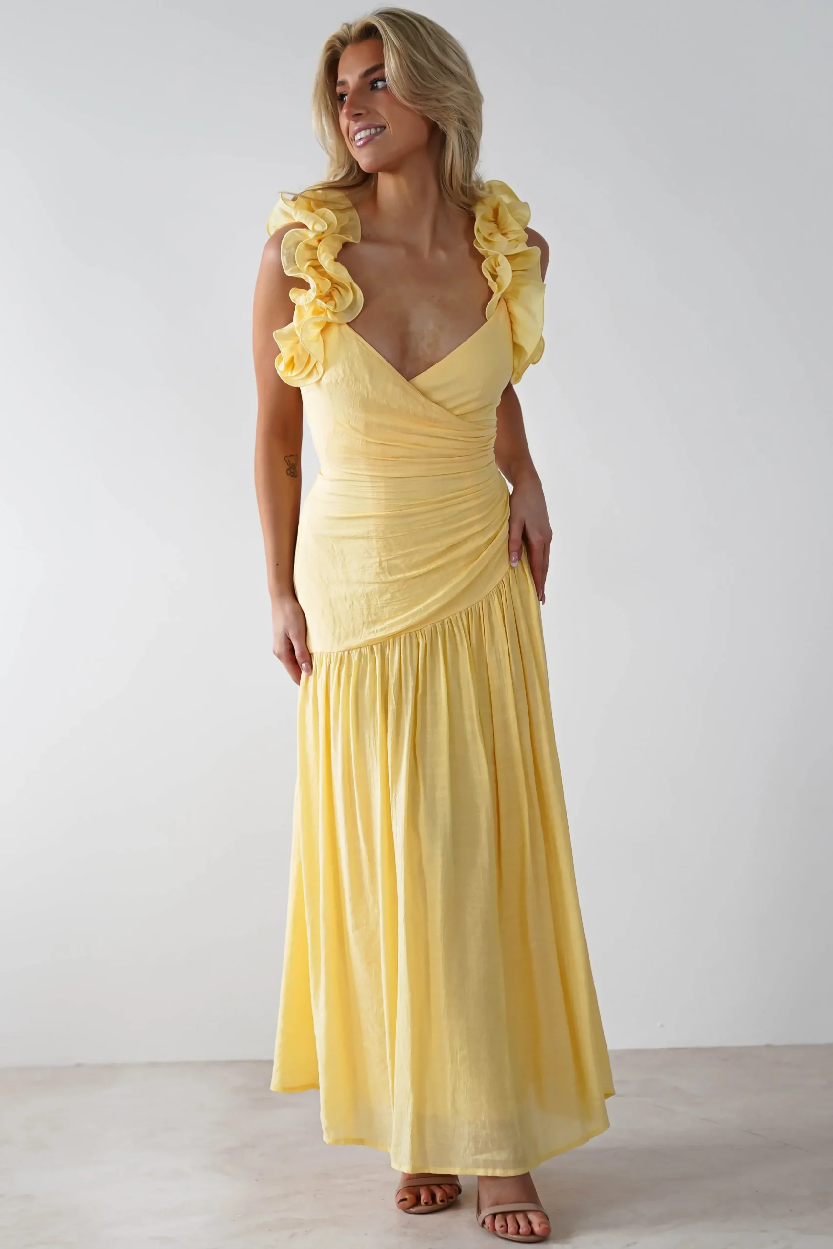 Hot Lara Ruffle Detail Midaxi | Yellow Lange Kleider|Maxikleider