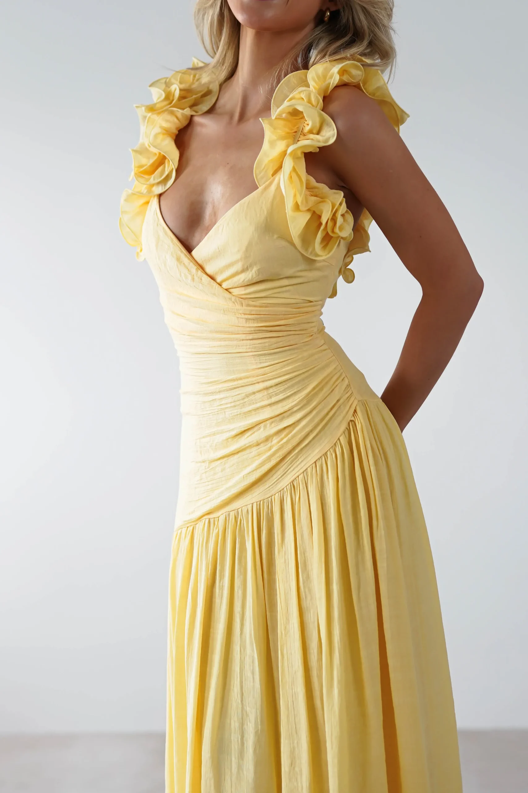 Hot Lara Ruffle Detail Midaxi | Yellow Lange Kleider|Maxikleider