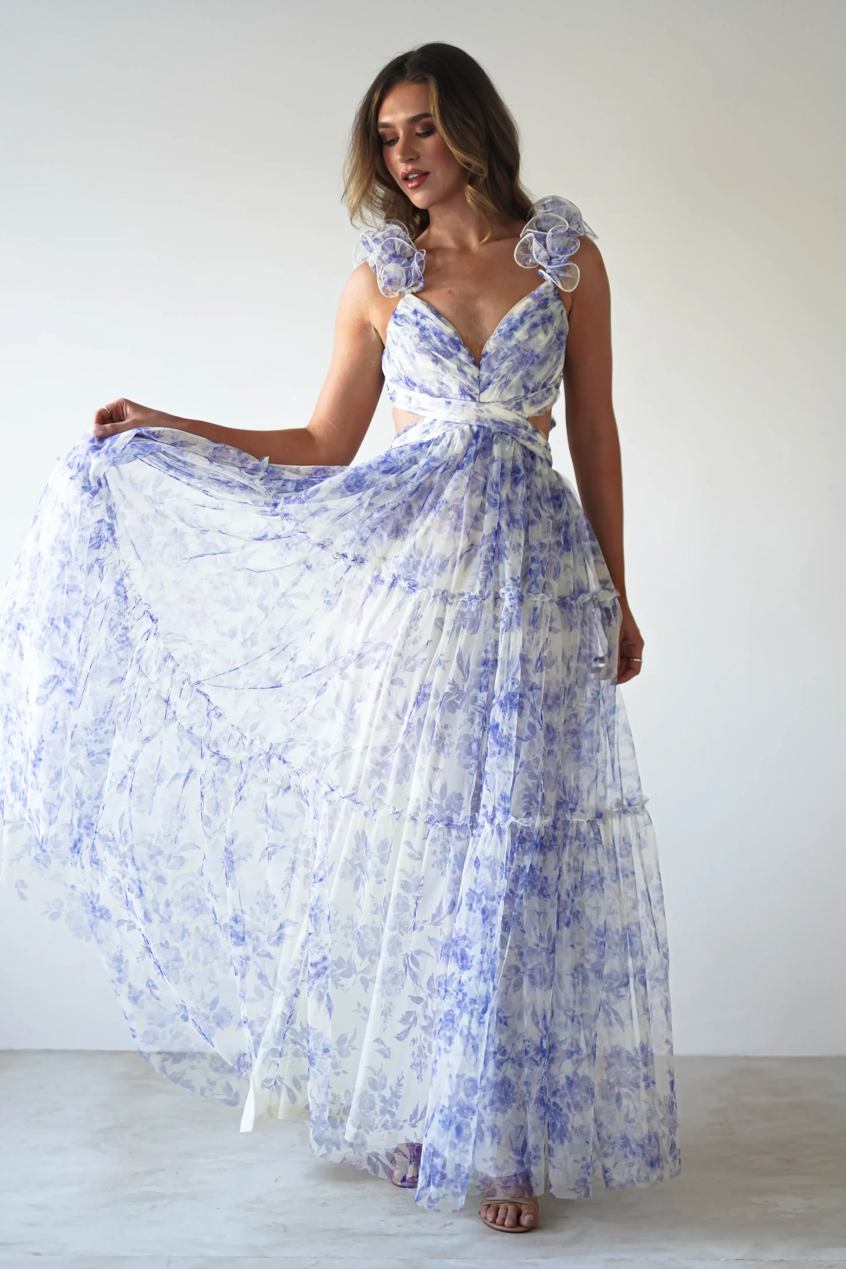Hot Lauren Floral Tulle Maxi Dress | Blue/White Lange Kleider|Maxikleider