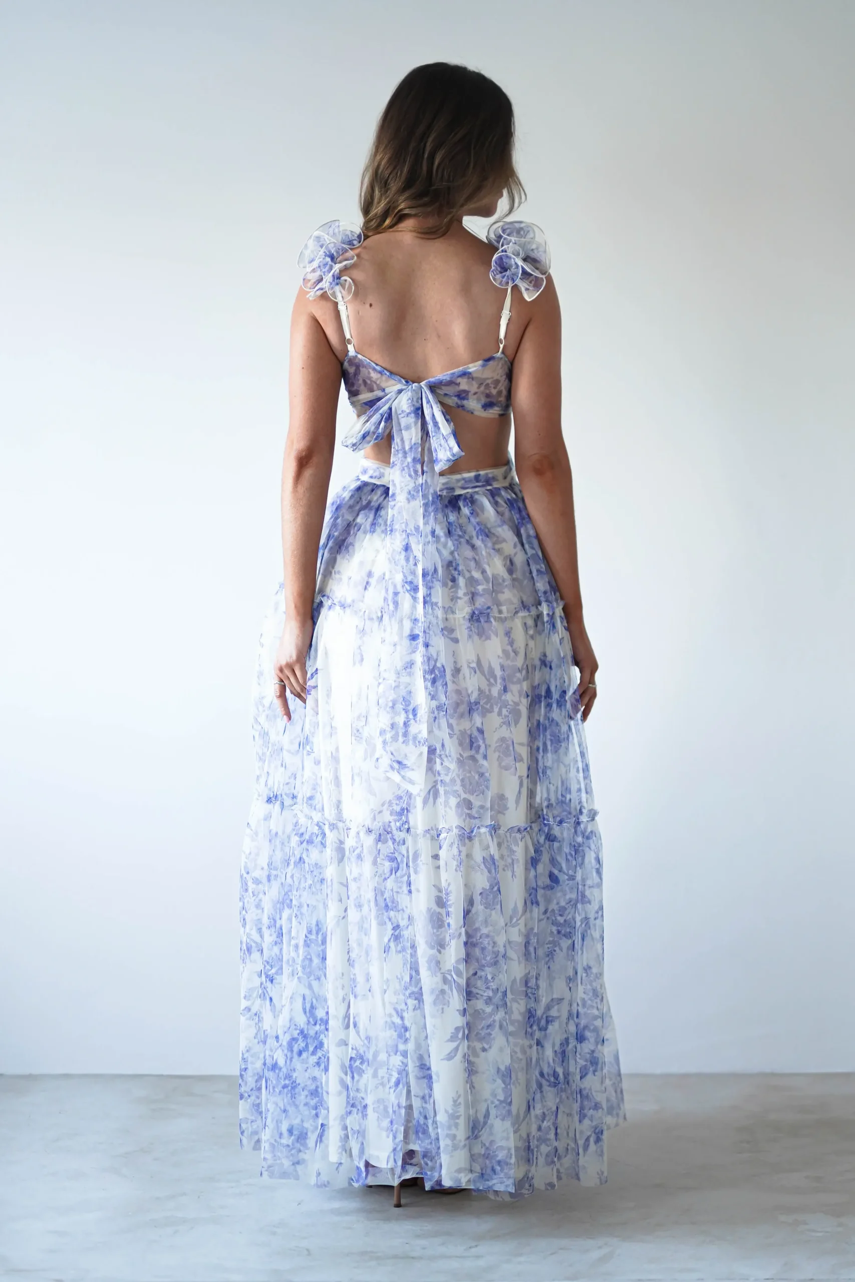 Hot Lauren Floral Tulle Maxi Dress | Blue/White Lange Kleider|Maxikleider